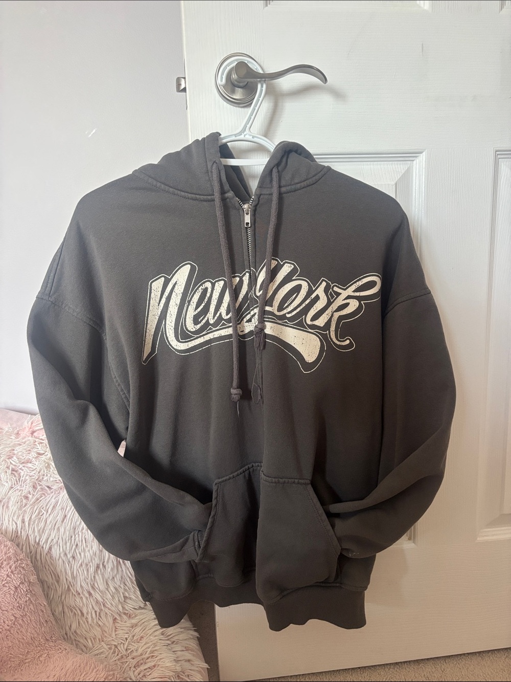 H&M Men's Half-Zip Hoodie - Charcoal with Cream Graphic